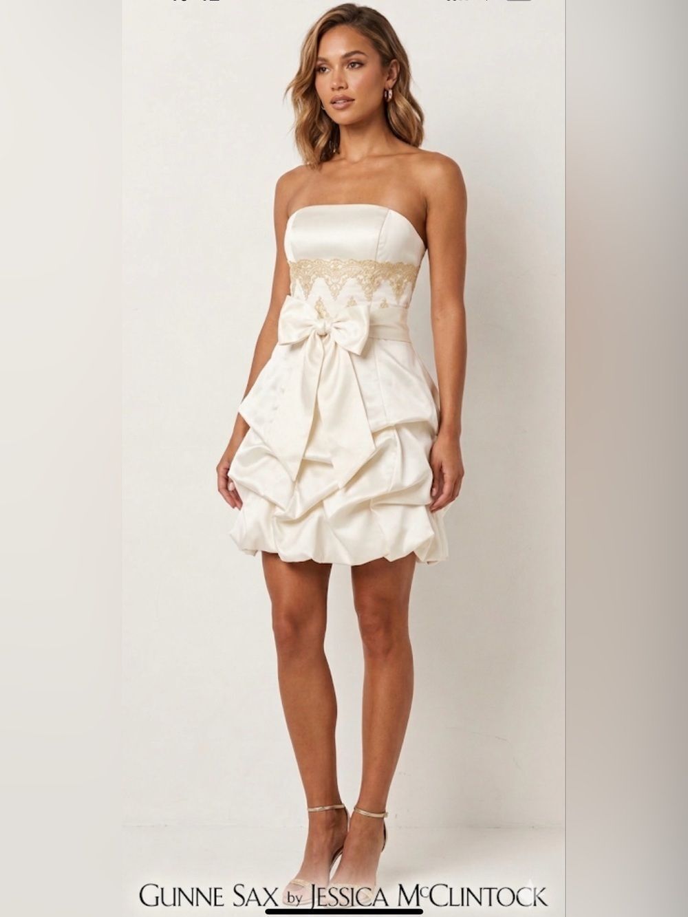 Vintage Gunne Sax Jessica McClintock Strapless Creme Satin Ruched Prom Dress